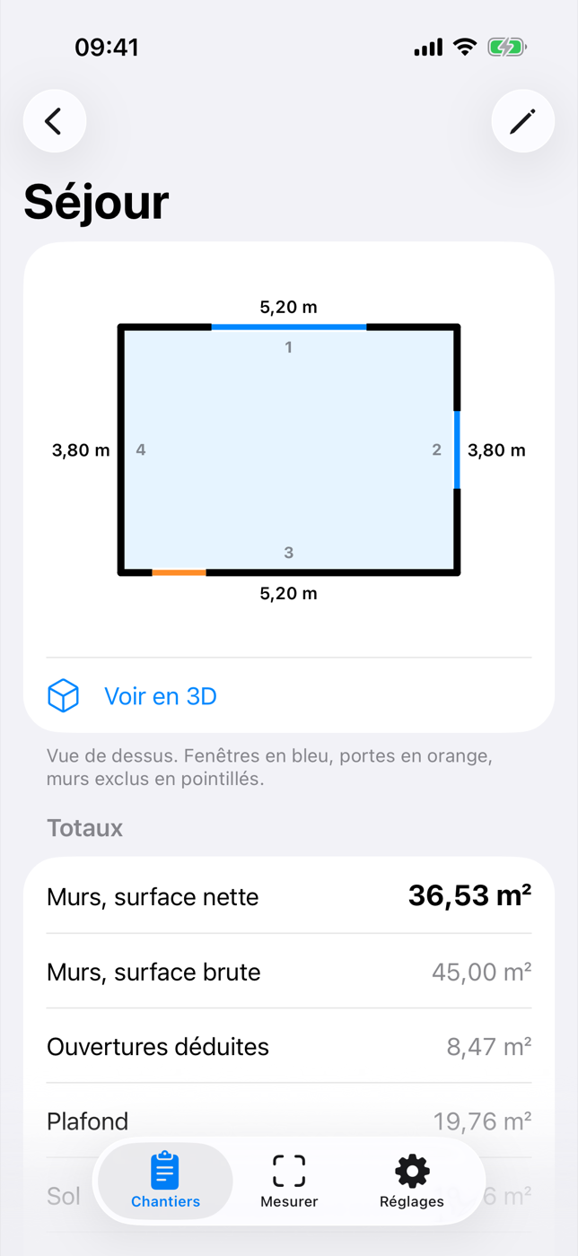 Toisé, fiche du séjour : plan coté vu de dessus, 36,53 m² de murs nets.